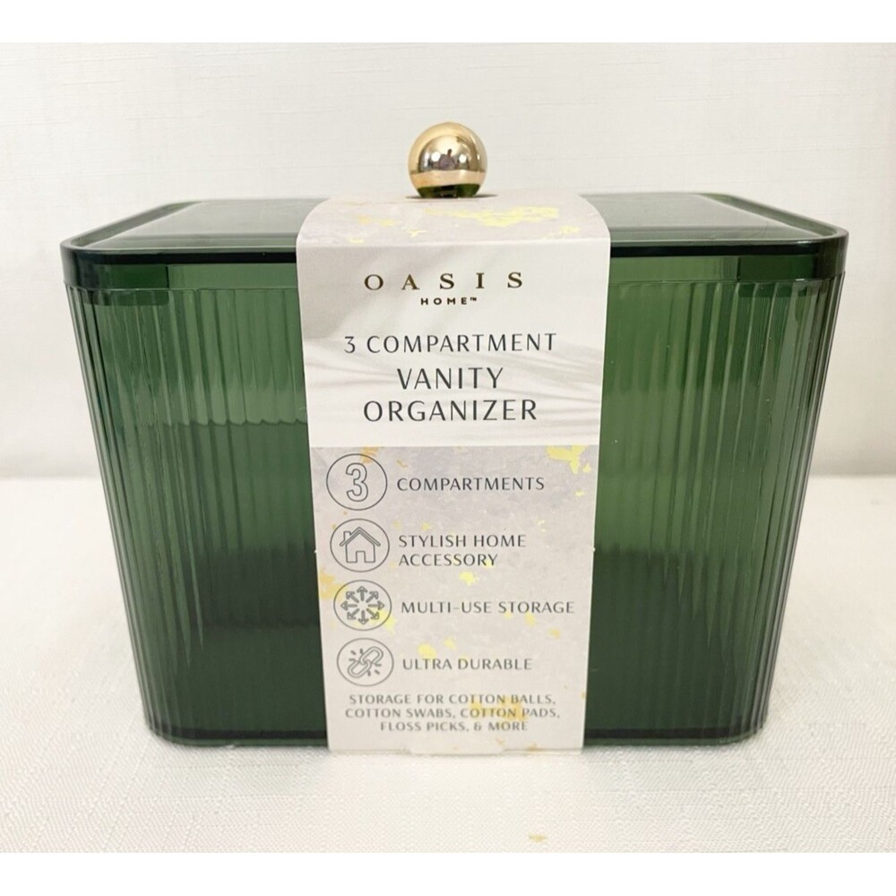 NEW Oasis Home 3 Compartment Vanity Organizer Green Plastic 5.5" x 4" x 3.5"